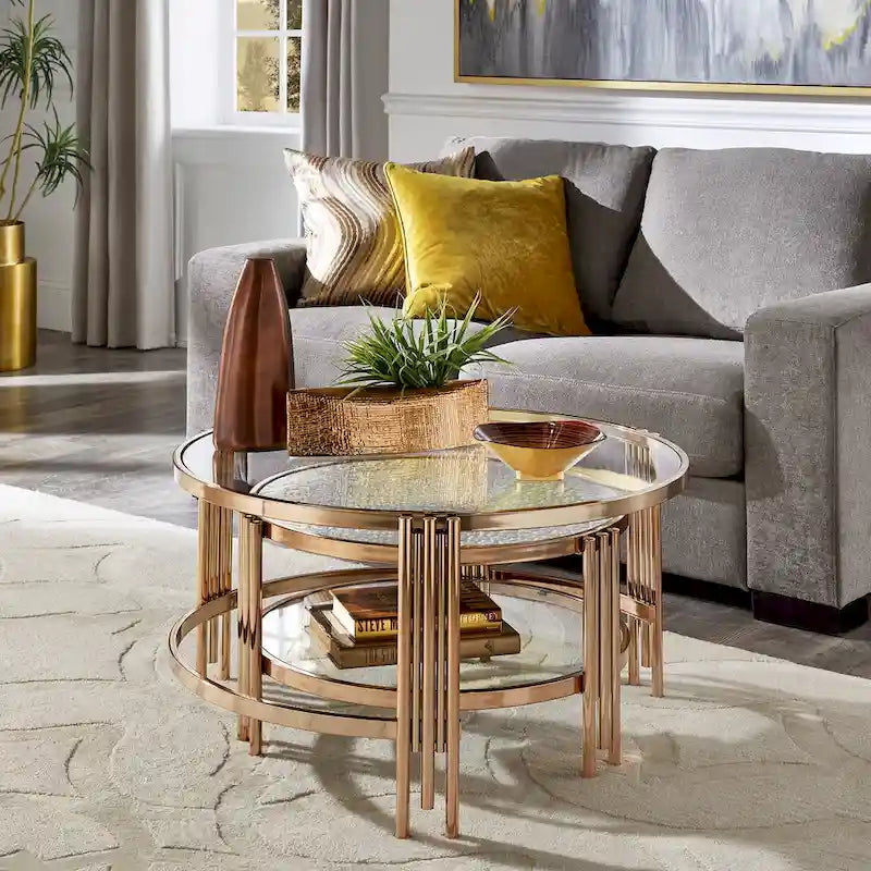 Table en verre texturé Bruges, fini champagne doré, avec étagère par iNSPIRE Q Bold
