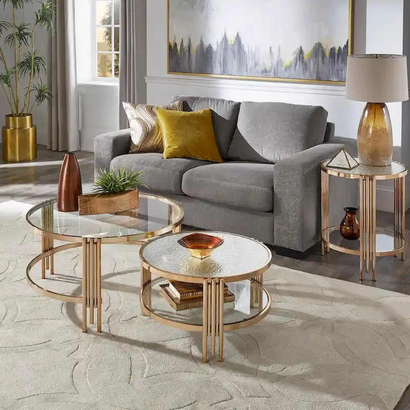 Table en verre texturé Bruges, fini champagne doré, avec étagère par iNSPIRE Q Bold