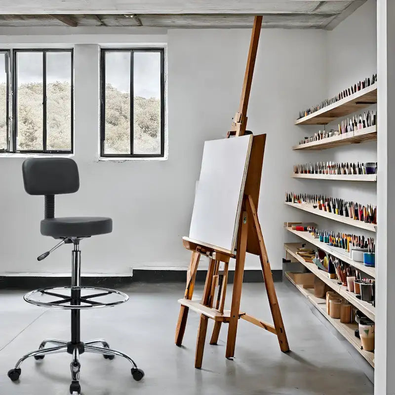 Tabouret de travail roulant réglable avec siège en similicuir et repose-pieds pliable, tabouret polyvalent pour bureau à domicile, coiffeuse,
