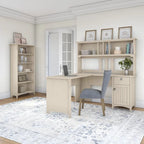 Bureau d'angle Salinas 60W avec huche et bibliothèque 5 étagères, blanc