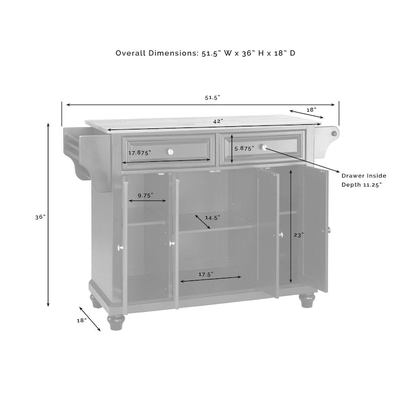 Îlot de cuisine/Chariot pleine grandeur Crosley Cambridge avec dessus en granit – 51,5 L x 18 P x 36 H