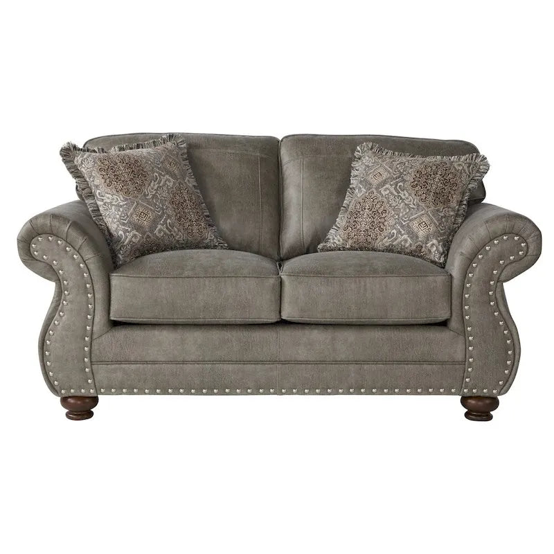 Ensemble canapé et causeuse Roundhill Furniture Leinster en similicuir avec clous décoratifs, gris pierre