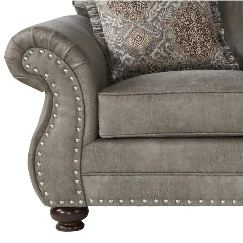 Ensemble canapé et causeuse Roundhill Furniture Leinster en similicuir avec clous décoratifs, gris pierre