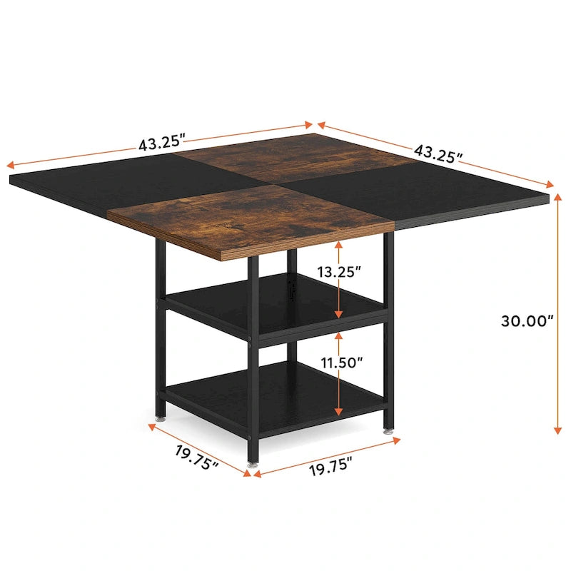 Table de cuisine Table à manger pour 4 personnes avec étagère de rangement Pieds en métal Plateau en bois pour salle à manger et salon