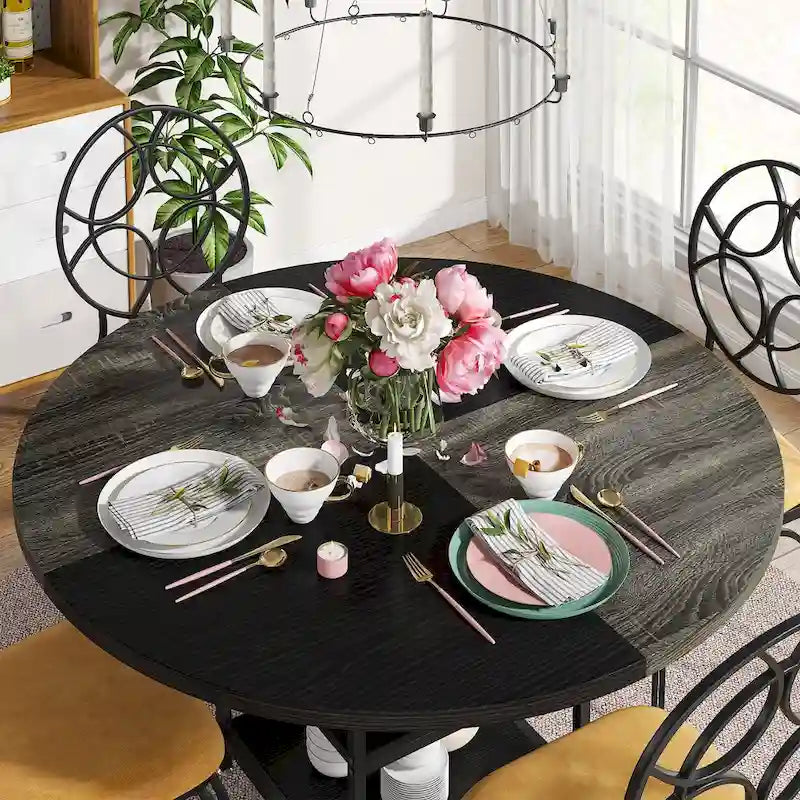 Table de cuisine Table à manger pour 4 personnes avec étagère de rangement Pieds en métal Plateau en bois pour salle à manger et salon