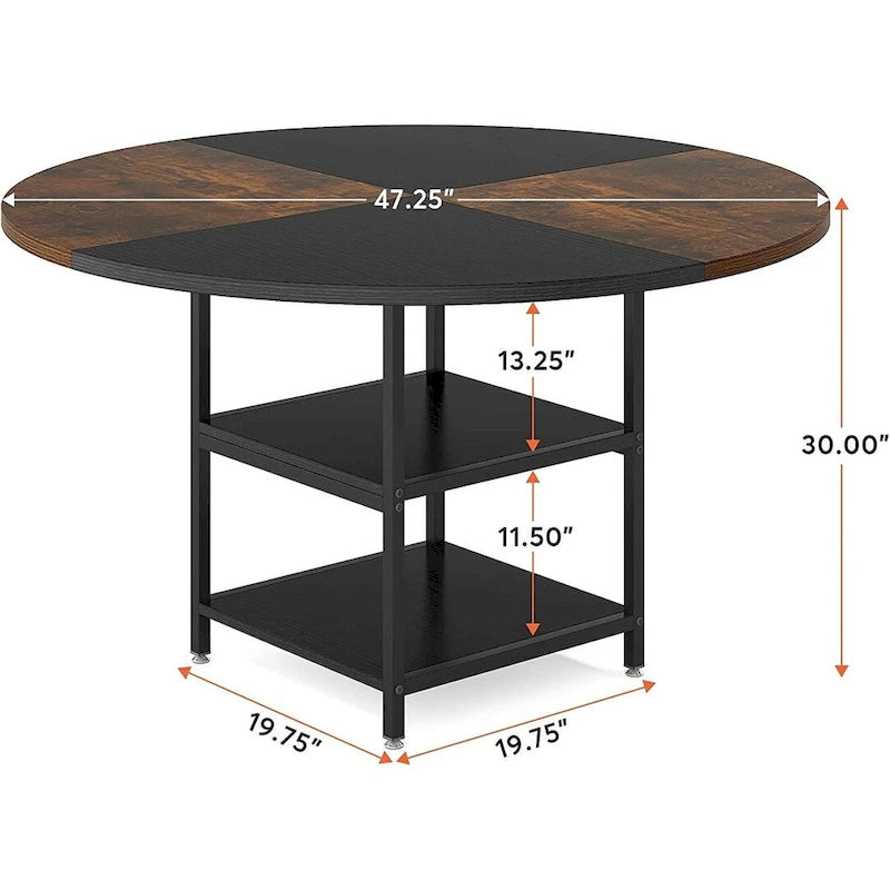 Table de cuisine Table à manger pour 4 personnes avec étagère de rangement Pieds en métal Plateau en bois pour salle à manger et salon