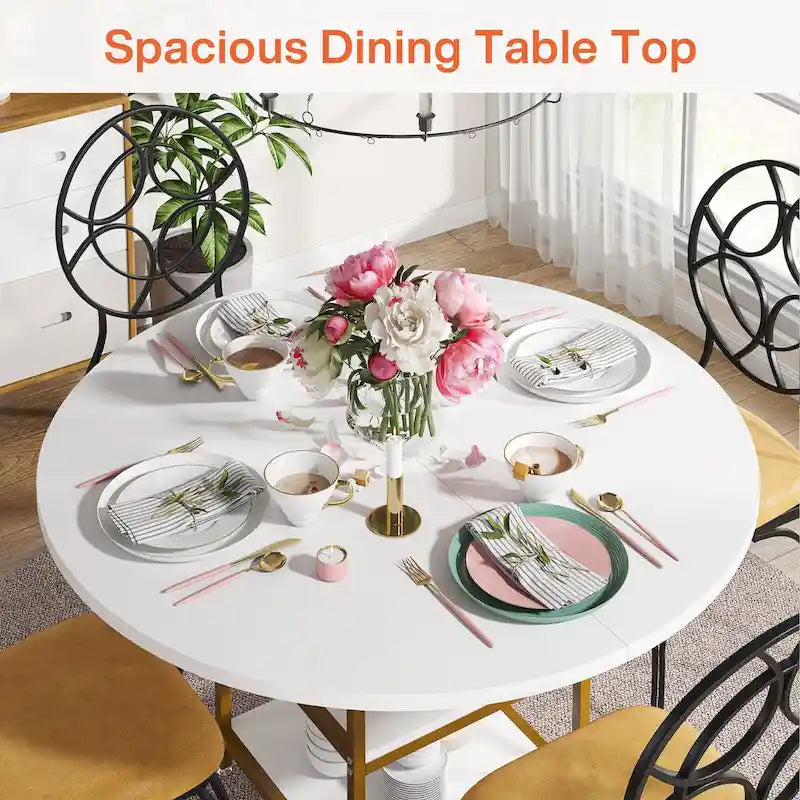 Table de cuisine Table à manger pour 4 personnes avec étagère de rangement Pieds en métal Plateau en bois pour salle à manger et salon