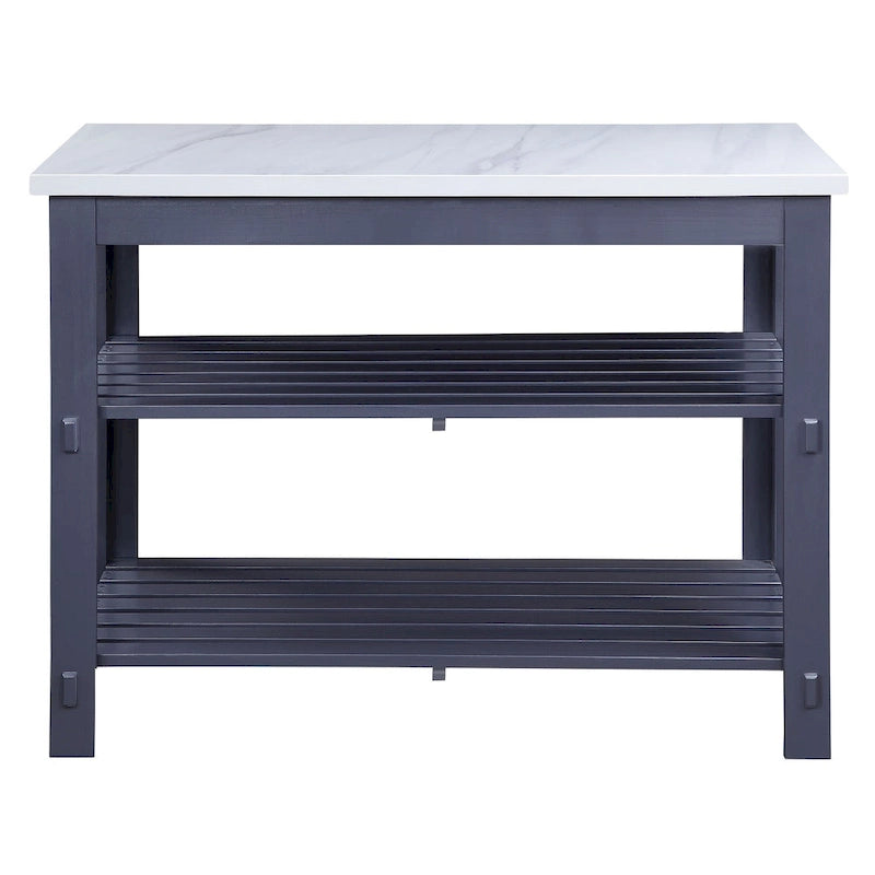 Marble Top Kitchen Island with 2 Open Shelves in White and Gray