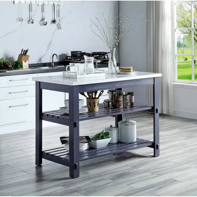 Îlot de cuisine avec plateau en marbre et 2 étagères ouvertes, blanc et gris