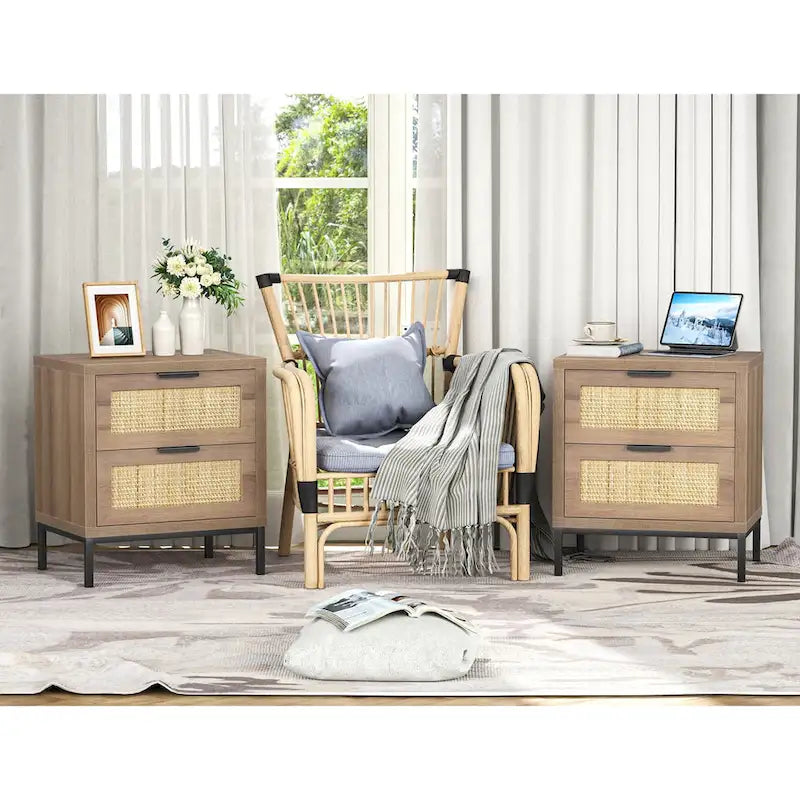 Table de chevet Anmytek Farmhouse à 2 tiroirs en bois et rotin pour chambre à coucher