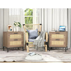 Table de chevet Anmytek Farmhouse à 2 tiroirs en bois et rotin pour chambre à coucher