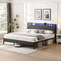 Cadre de lit King avec tête de lit de rangement, station de charge et lumières LED, lit plateforme rembourré