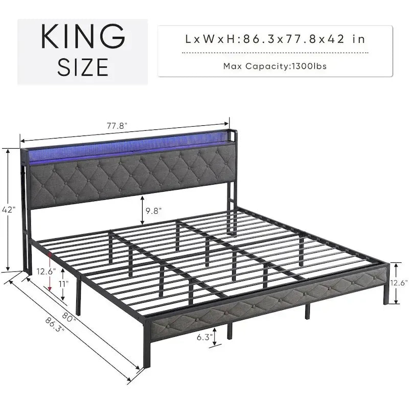 Cadre de lit King avec tête de lit de rangement, station de charge et lumières LED, lit plateforme rembourré