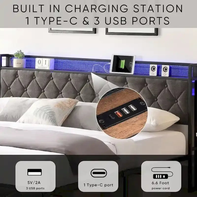 Cadre de lit King avec tête de lit de rangement, station de charge et lumières LED, lit plateforme rembourré