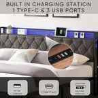 Cadre de lit King avec tête de lit de rangement, station de charge et lumières LED, lit plateforme rembourré