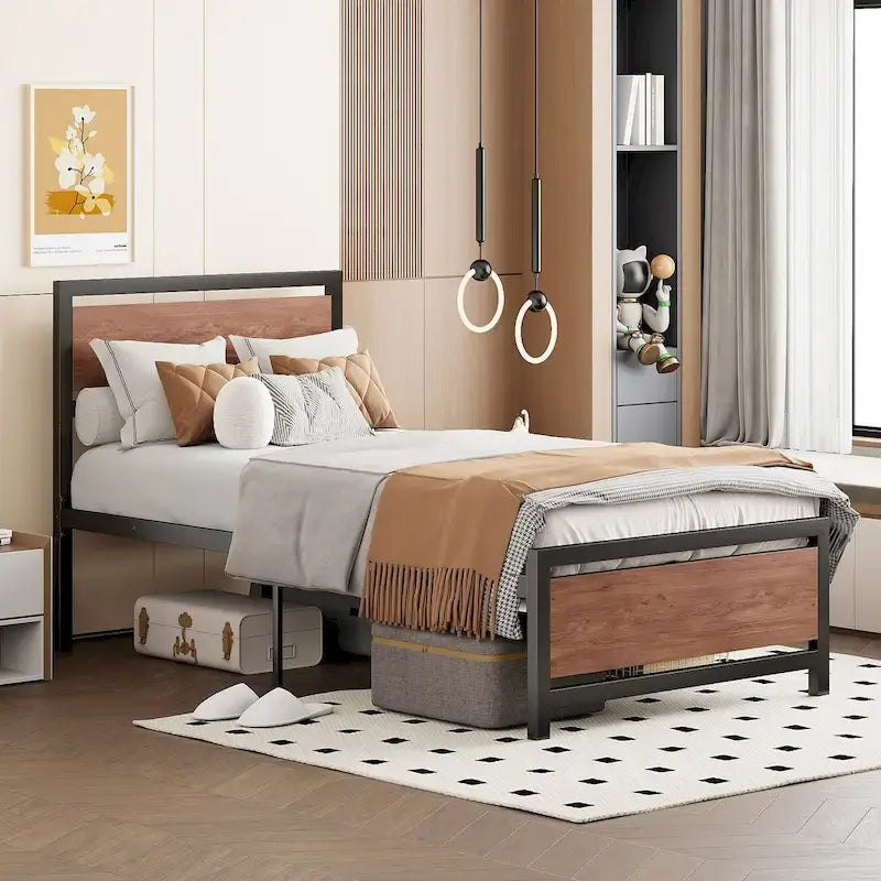 Lit plateforme double Roomfitters, cadre de lit en métal et bois avec tête et pied de lit