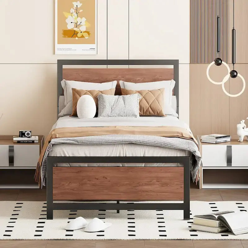 Lit plateforme double Roomfitters, cadre de lit en métal et bois avec tête et pied de lit