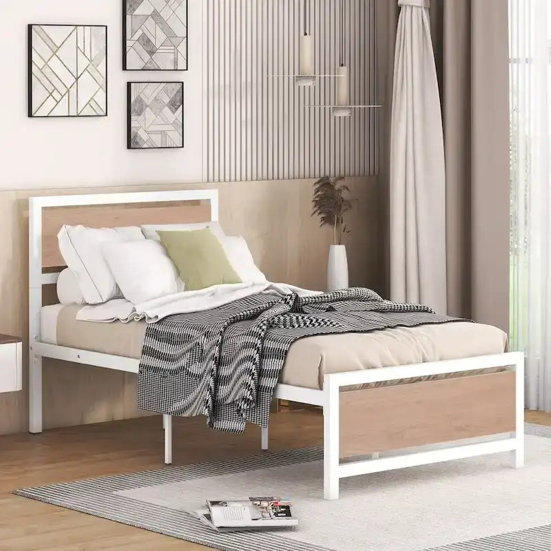 Lit plateforme double Roomfitters, cadre de lit en métal et bois avec tête et pied de lit