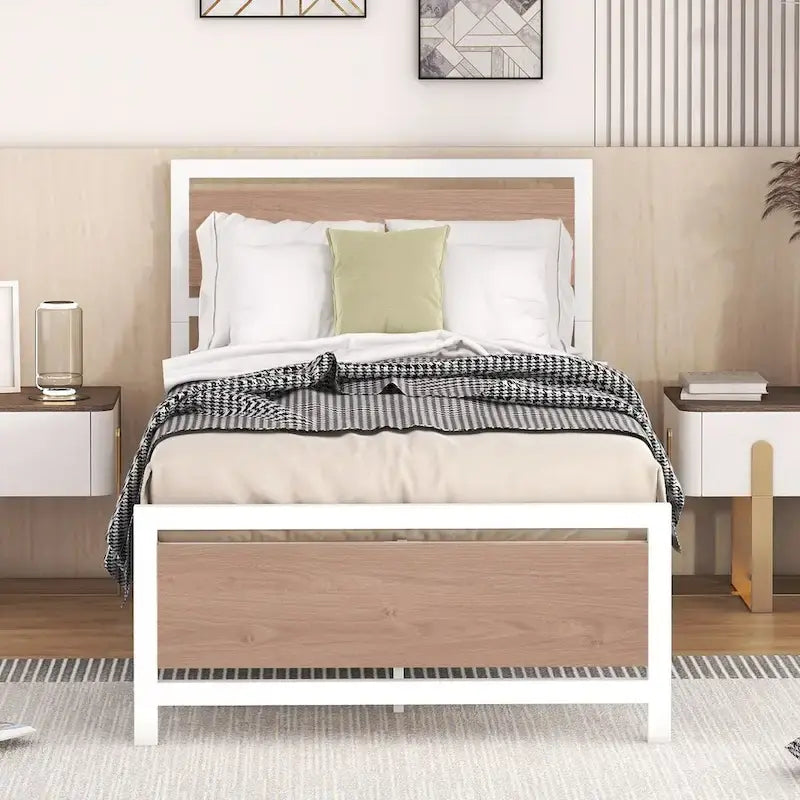 Lit plateforme double Roomfitters, cadre de lit en métal et bois avec tête et pied de lit