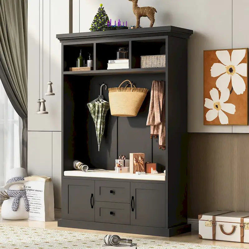Portemanteau avec 3 crochets, banc d'entrée, banc de rangement, design 3-en-1, 120 cm, pour entrée, couloir