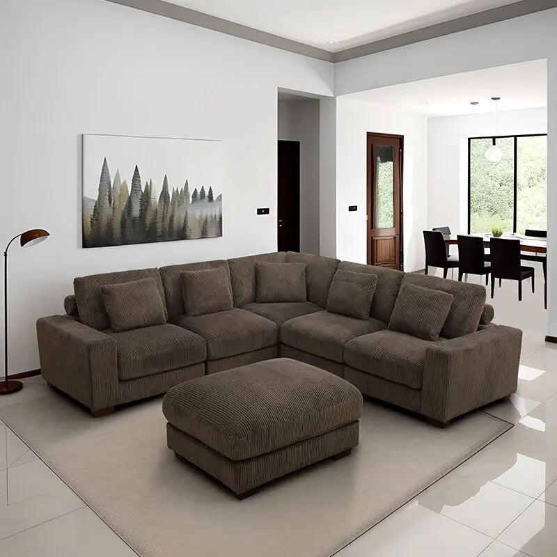 Canapé d'angle modulable en L en velours côtelé marron 97 po avec pouf