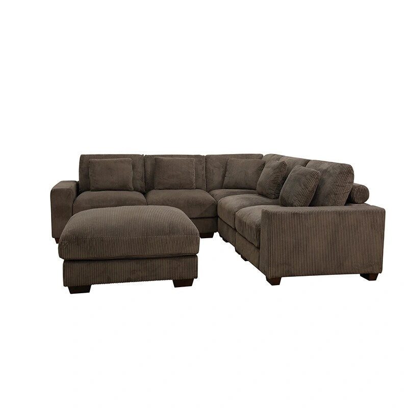 Canapé d'angle modulable en L en velours côtelé marron 97 po avec pouf