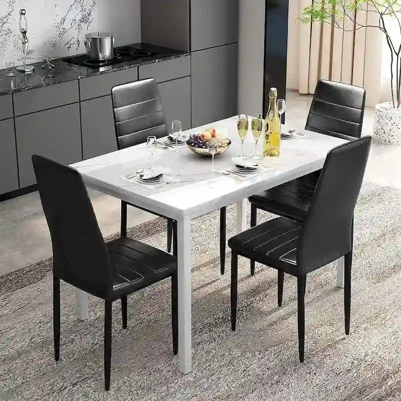 Ensemble de salle à manger de cuisine moderne 5 pièces, ensemble de dînette hauteur comptoir avec plateau aspect marbre et 4 chaises rembourrées en cuir PU