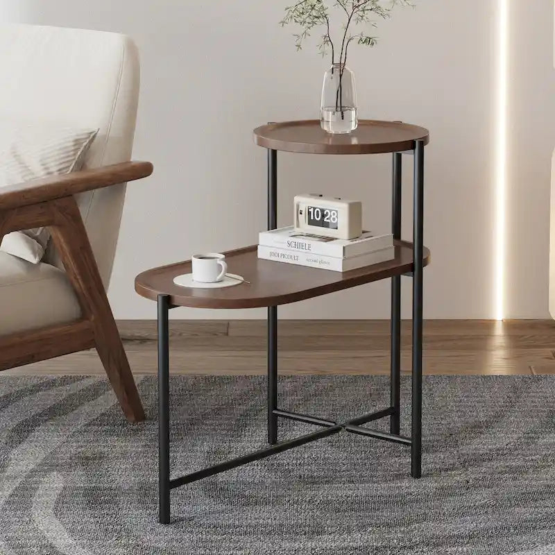 Petites tables basses Table d'appoint de canapé moderne à 2 niveaux avec étagère de rangement en bois Tables d'appoint de salon Tables de chevet