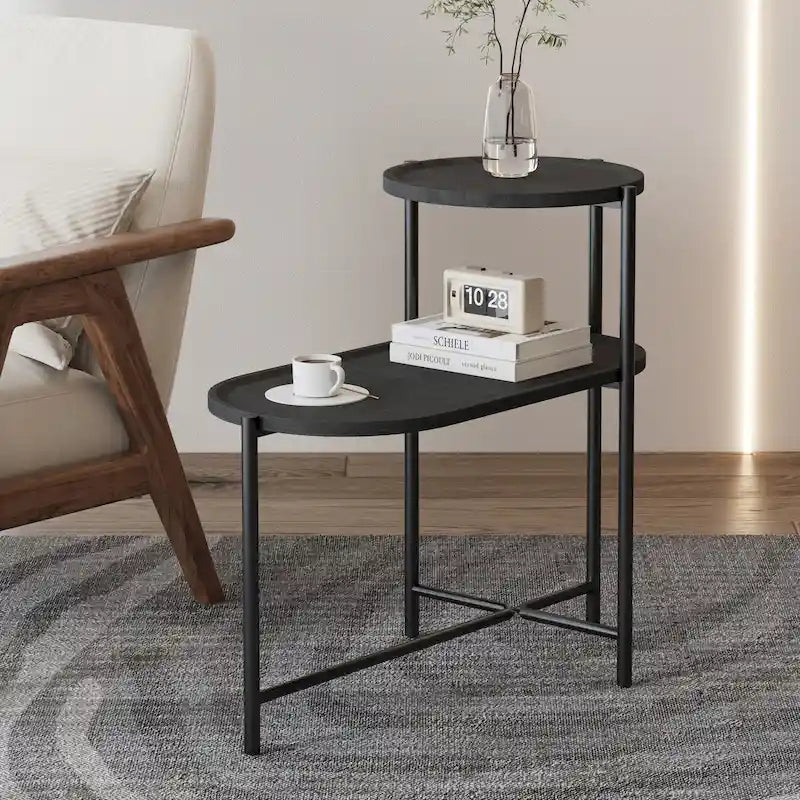 Petites tables basses Table d'appoint de canapé moderne à 2 niveaux avec étagère de rangement en bois Tables d'appoint de salon Tables de chevet