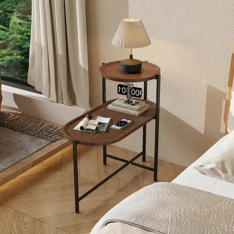 Petites tables basses Table d'appoint de canapé moderne à 2 niveaux avec étagère de rangement en bois Tables d'appoint de salon Tables de chevet