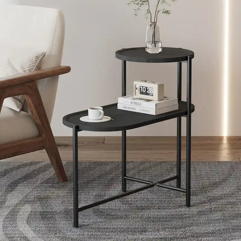Petites tables basses Table d'appoint de canapé moderne à 2 niveaux avec étagère de rangement en bois Tables d'appoint de salon Tables de chevet