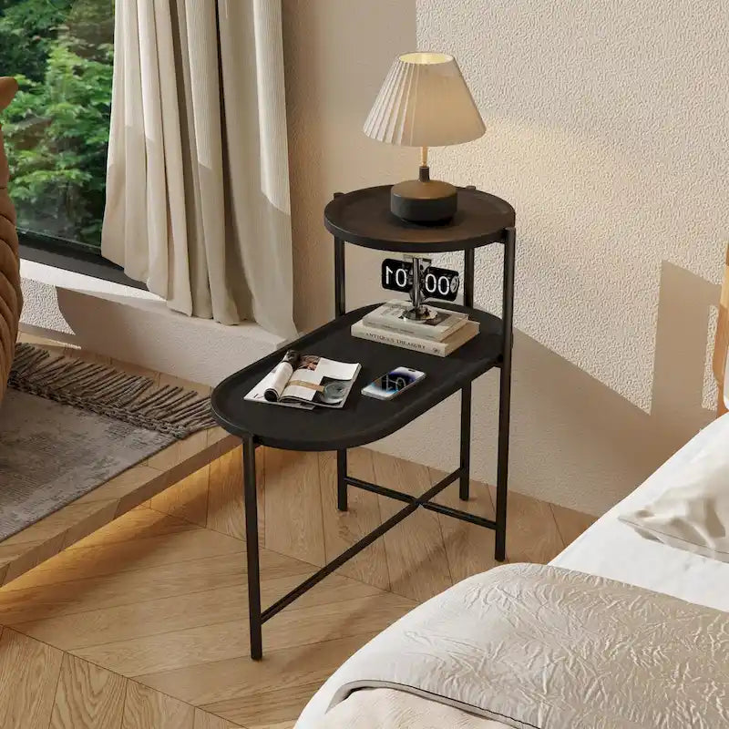 Petites tables basses Table d'appoint de canapé moderne à 2 niveaux avec étagère de rangement en bois Tables d'appoint de salon Tables de chevet