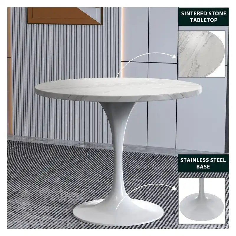 Table à manger Verve avec plateau rond de 36 po et pied central en acier blanc