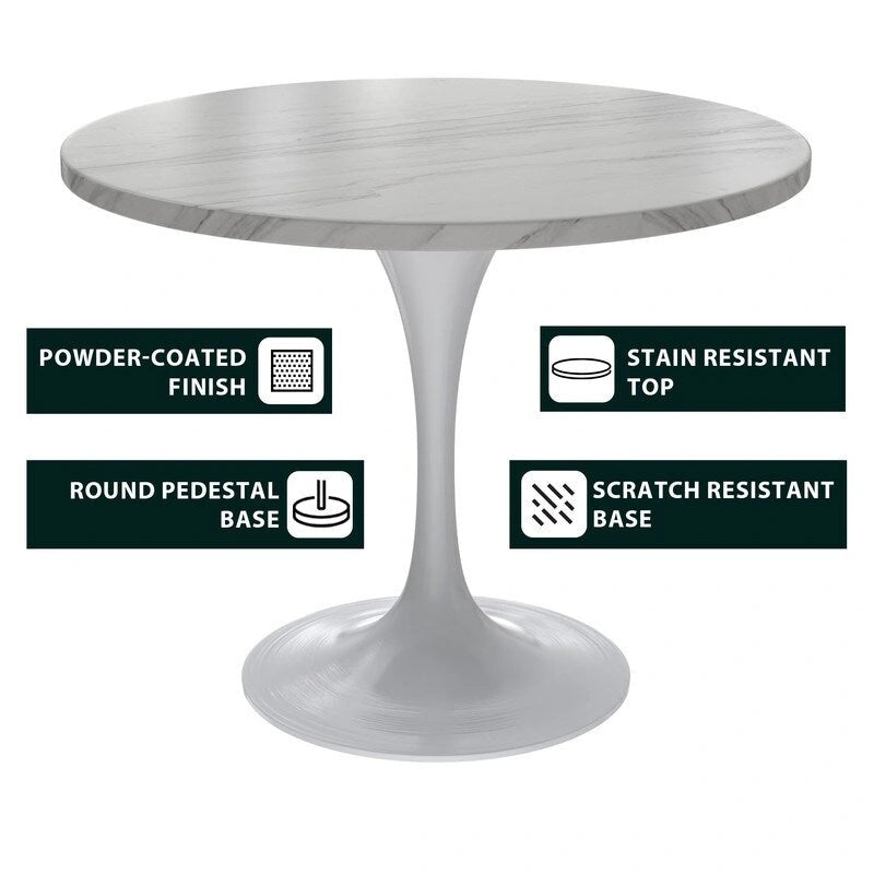 Table à manger Verve avec plateau rond de 36 po et pied central en acier blanc