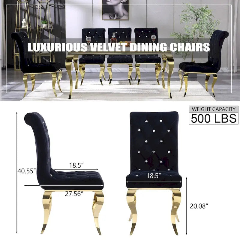 Chaises de salle à manger capitonnées à boutons noirs avec pieds dorés