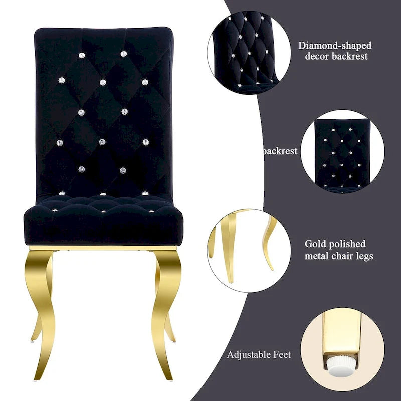 Chaises de salle à manger capitonnées à boutons noirs avec pieds dorés