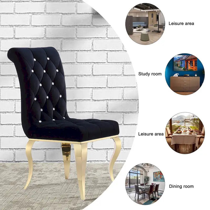 Chaises de salle à manger capitonnées à boutons noirs avec pieds dorés
