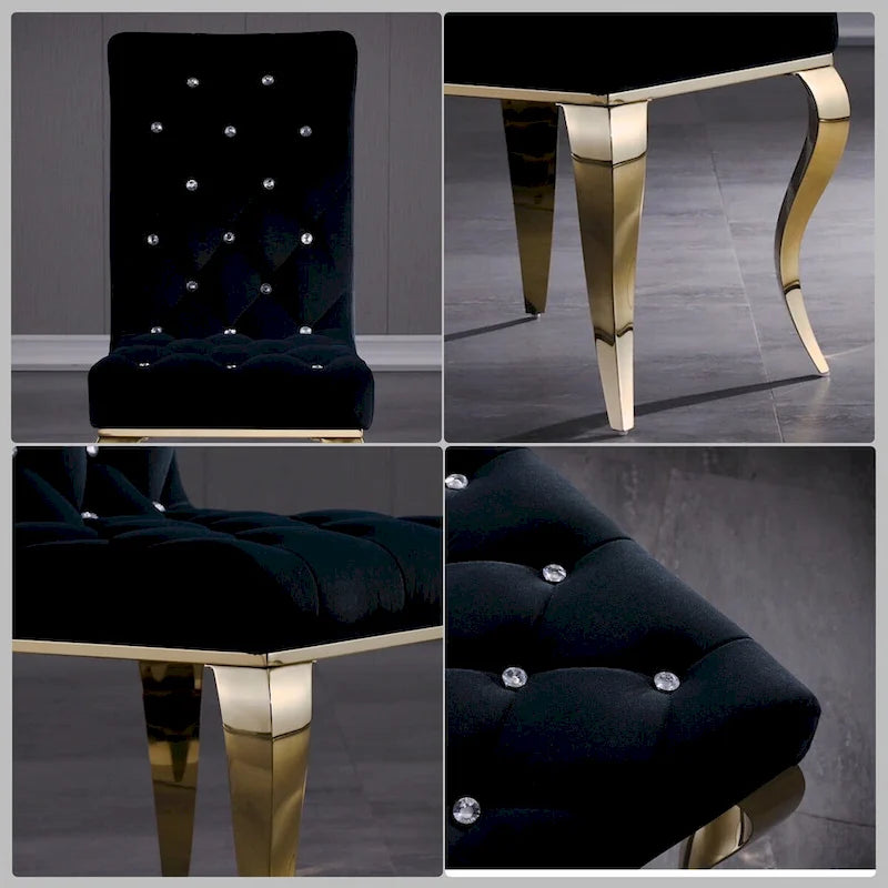 Chaises de salle à manger capitonnées à boutons noirs avec pieds dorés