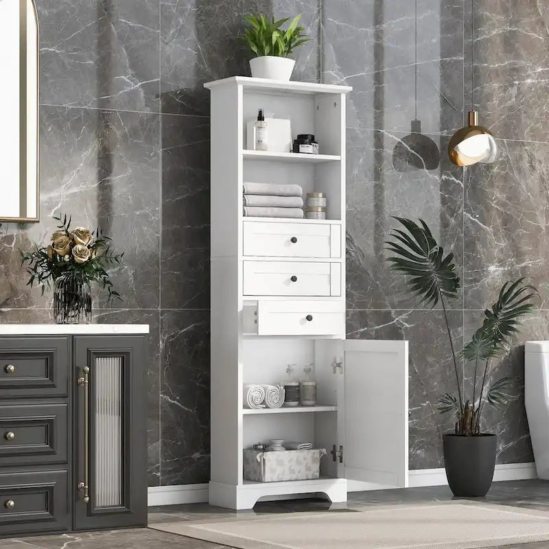 Armoire à linge en MDF blanc de 10 po L x 22 po P x 68,3 po H avec 3 tiroirs et tablettes réglables