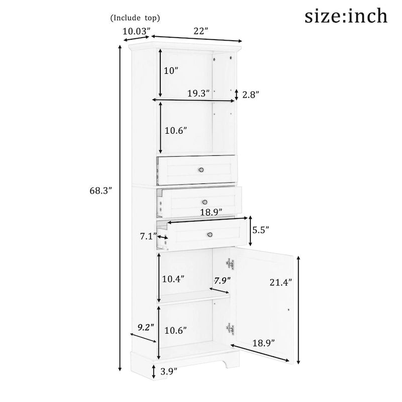 Armoire à linge en MDF blanc de 10 po L x 22 po P x 68,3 po H avec 3 tiroirs et tablettes réglables