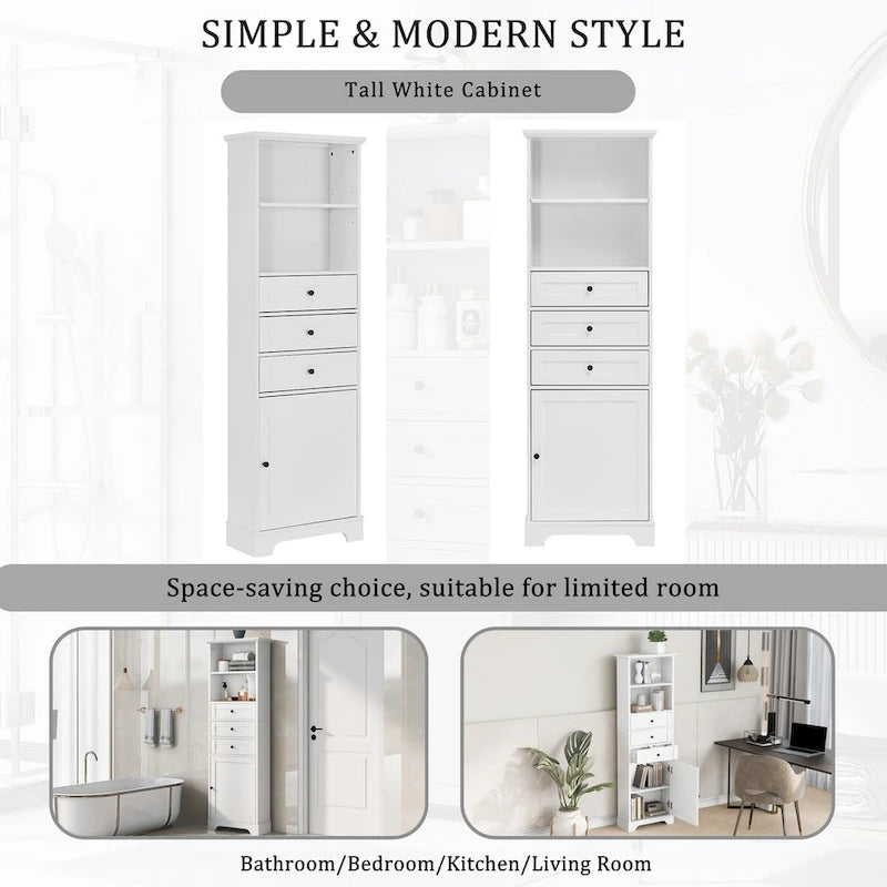 Armoire à linge en MDF blanc de 10 po L x 22 po P x 68,3 po H avec 3 tiroirs et tablettes réglables