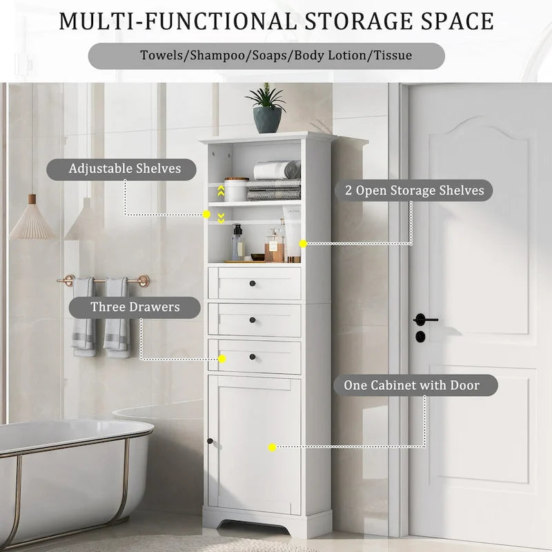 Armoire à linge en MDF blanc de 10 po L x 22 po P x 68,3 po H avec 3 tiroirs et tablettes réglables