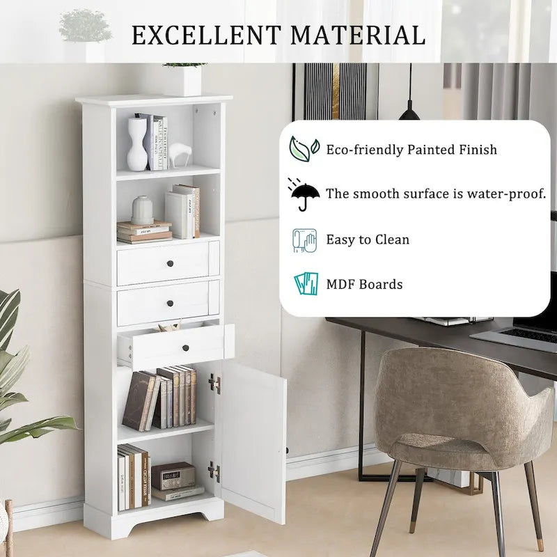 Armoire à linge en MDF blanc de 10 po L x 22 po P x 68,3 po H avec 3 tiroirs et tablettes réglables