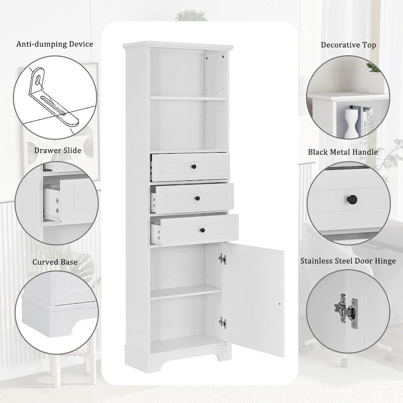 Armoire à linge en MDF blanc de 10 po L x 22 po P x 68,3 po H avec 3 tiroirs et tablettes réglables