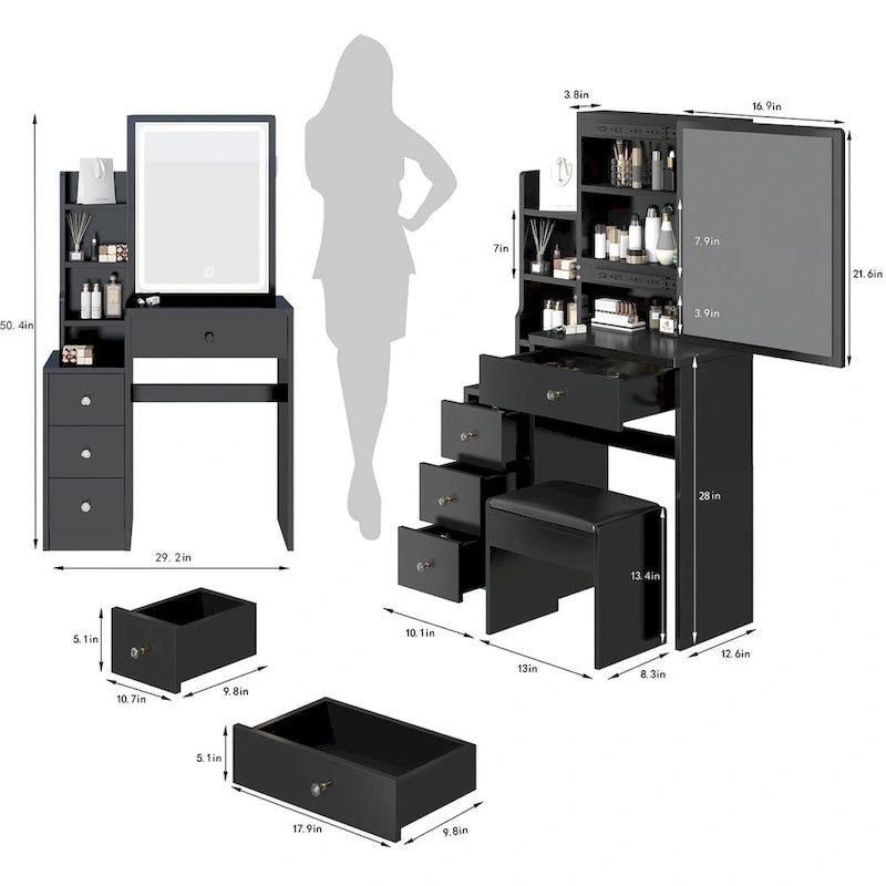 Coiffeuse compacte avec tabouret rembourré